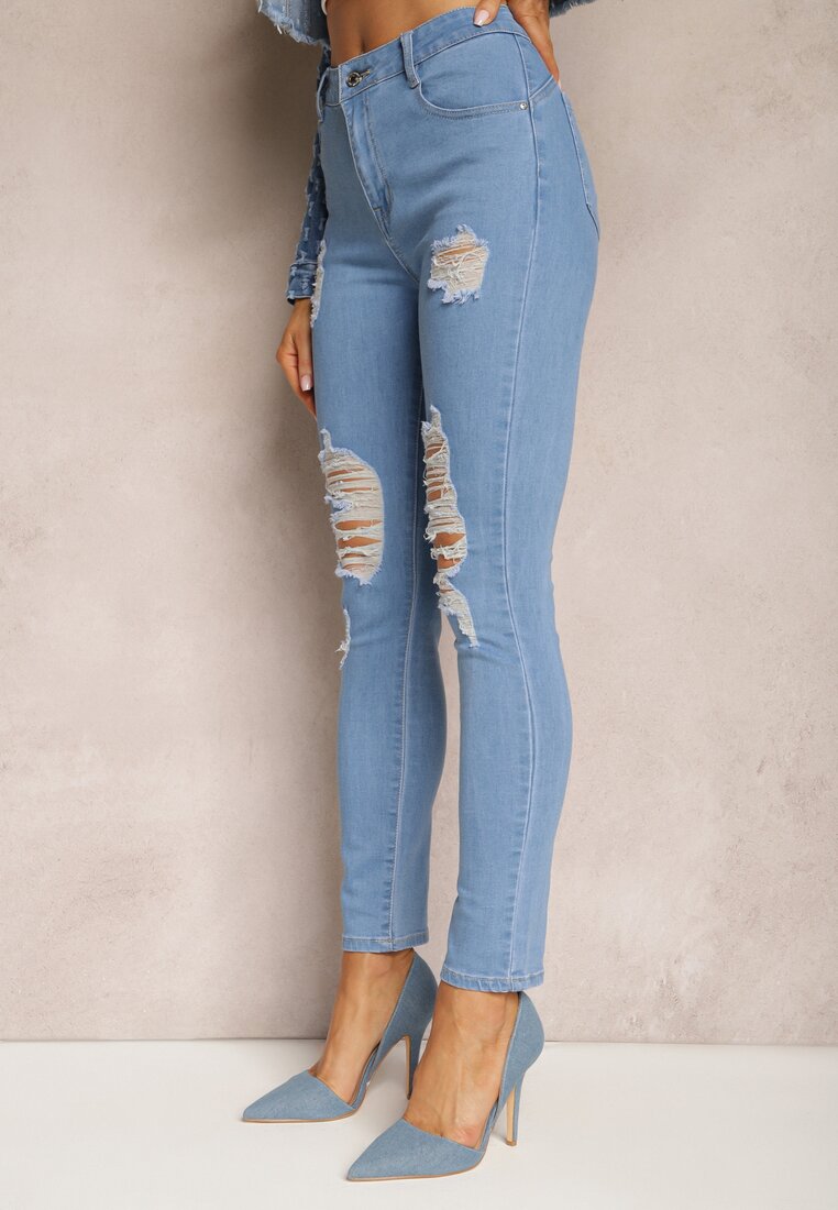 Blugi Albaștri Skinny Push-Up cu Rupturi în față și Fermoar Randda