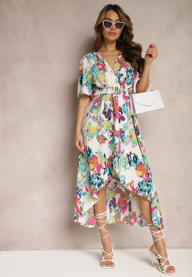 Rochie Alb-Verde Asimetrică cu Elastic în Talie și Decolteu Petrecut Perlana