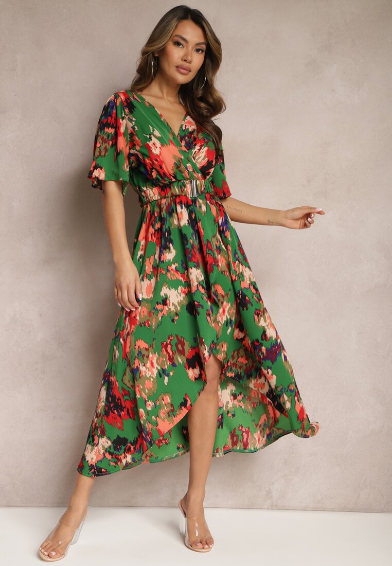 Rochie Asimetrică Verde-Roșie cu Elastic în Talie și Decolteu Petrecut Perlana