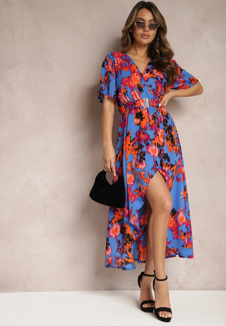 Rochie Asimetrică Albastru-Portocaliu cu elastic în talie și decolteu petrecut Perlana