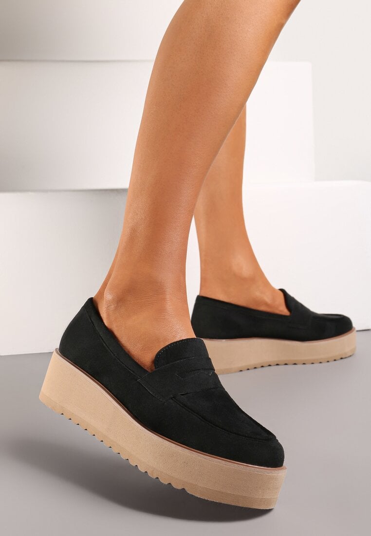 Pantofi Negri stil mocasini din imitație de piele întoarsă pe platformă Vhisper