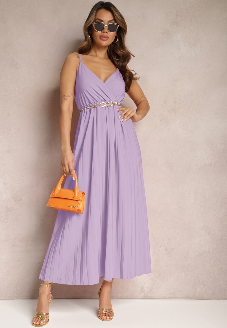 Rochie Violet Cloș Lungă cu Decolteu Petrecut pe Bretele Asmerria