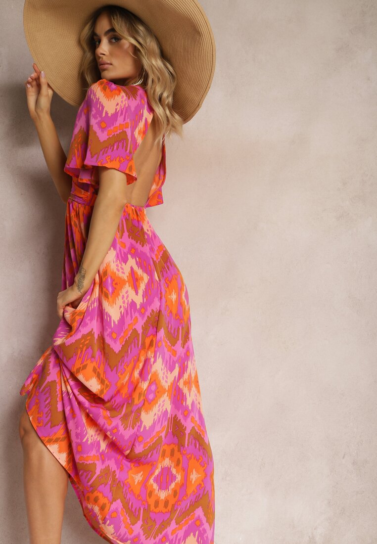 Rochie Violet-Portocalie Cloș cu Decolteu în V Natica