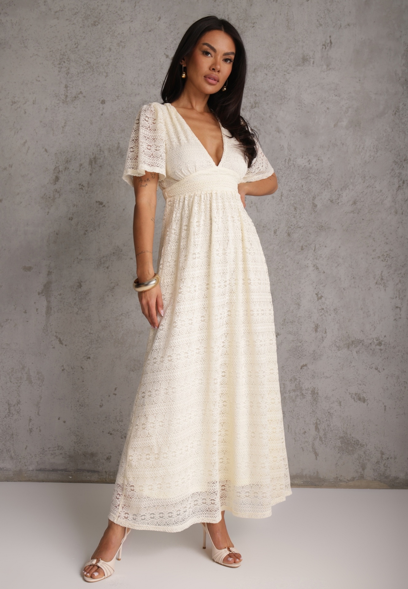 Rochie Lungă din Dantelă Ajurată cu Elastic în Talie Bej deschis Gemisa