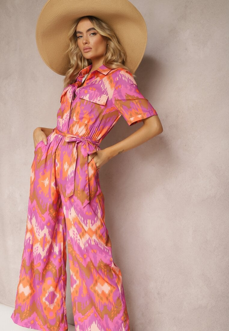 Salopetă Mov-Portocalie cu top tip cămașă, cu elastic în talie și curea din material Tlarion