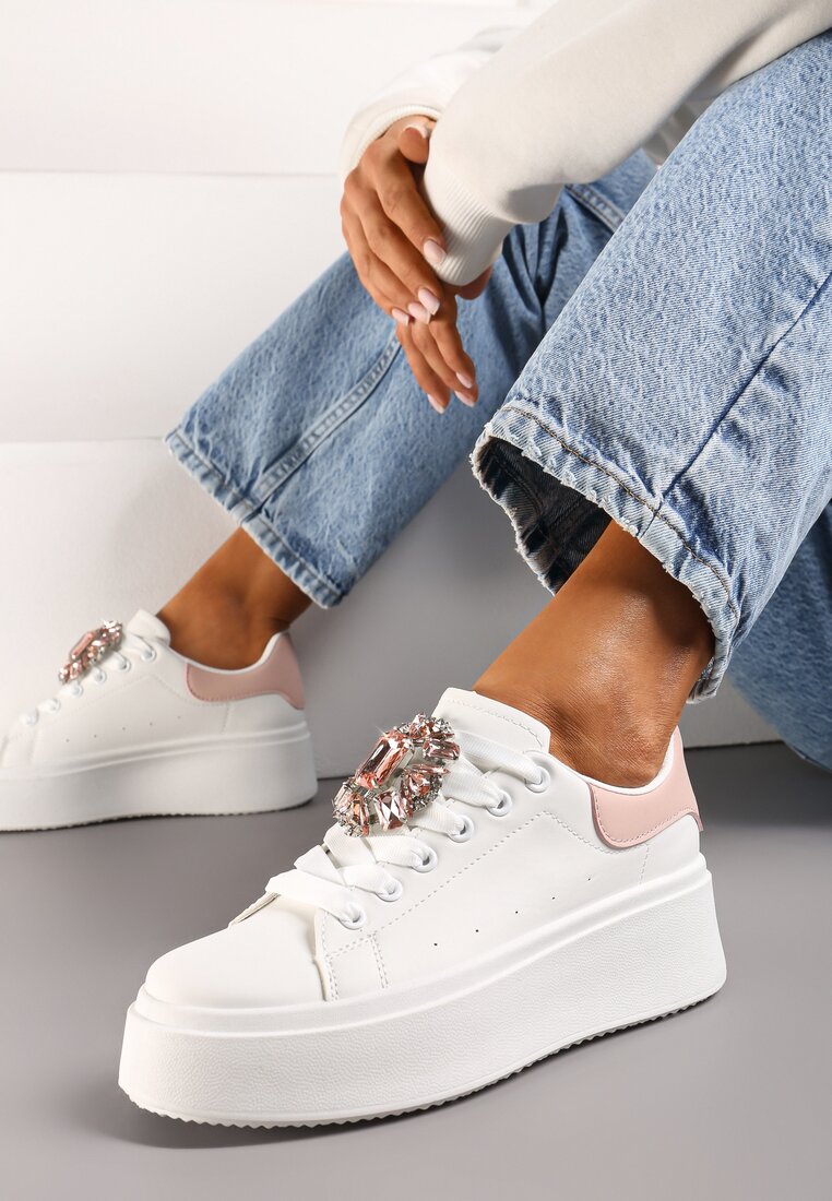 Adidași Alb-Roz cu Talpă Groasă cu Aplicație Decorativă de Piatră Danthia