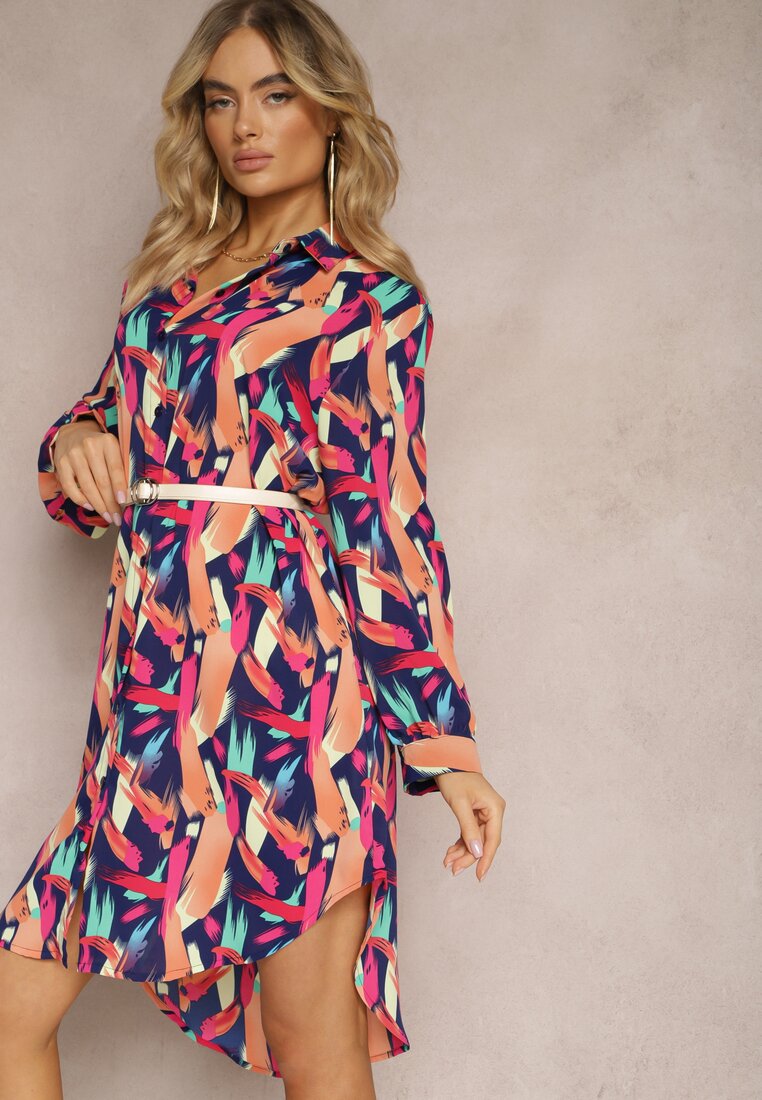 Cămașă lungă bleumarin și roz cu nasturi cu modele geometrice Lakiria