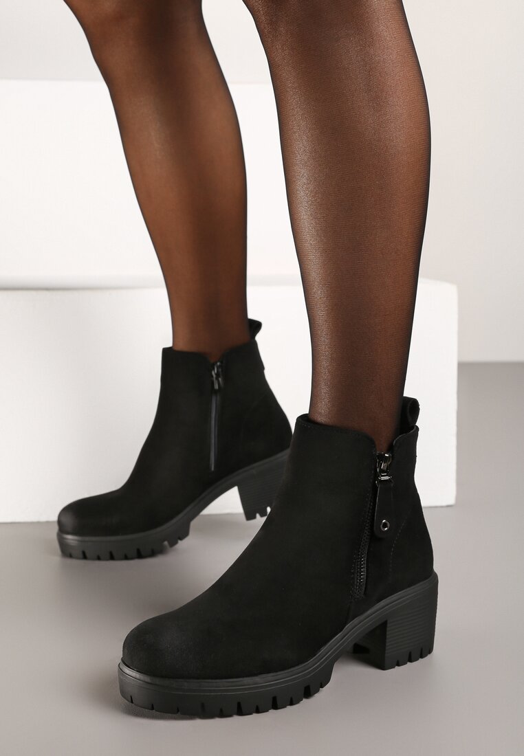 Botine Chelsea Negre cu toc gros cu fermoar decorativ Terillda