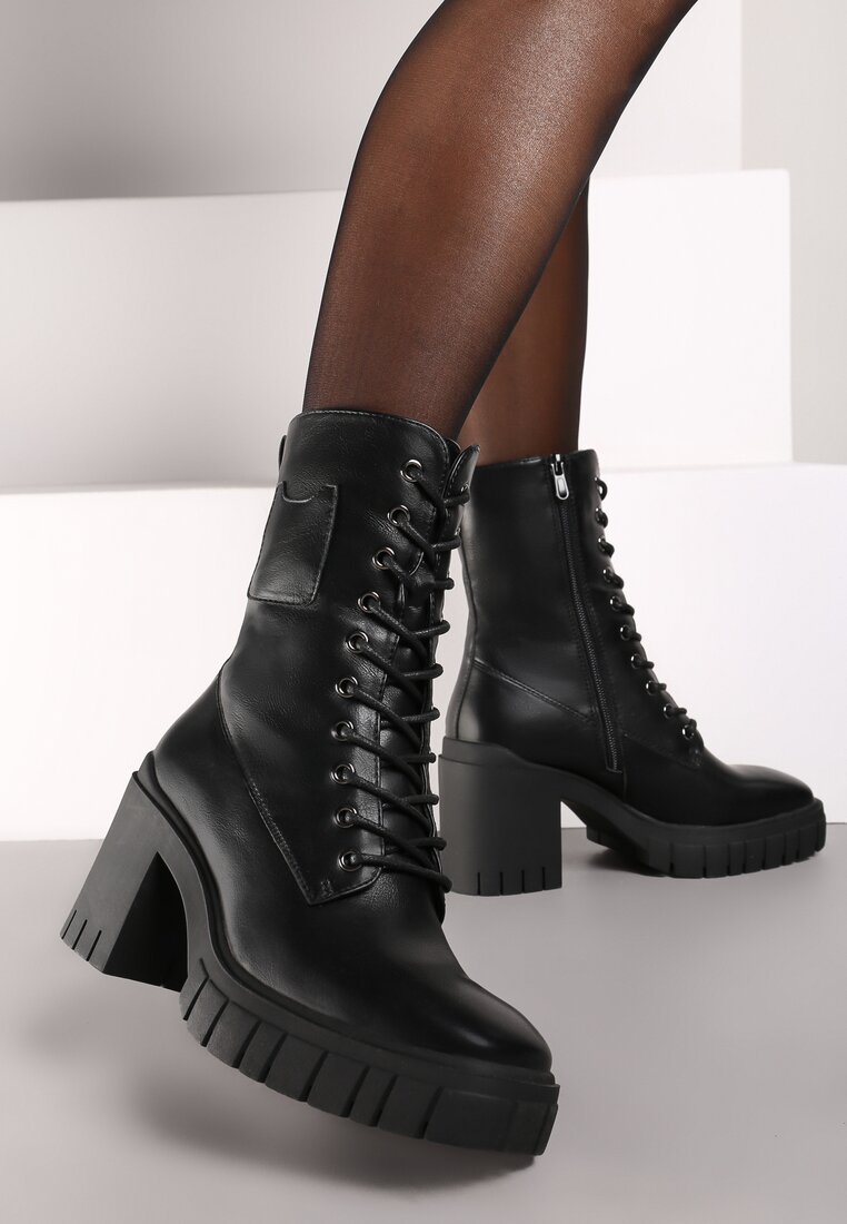 Ghete Negre tip worker cu platformă și toc gros cu șnurare decorativă Teriliane