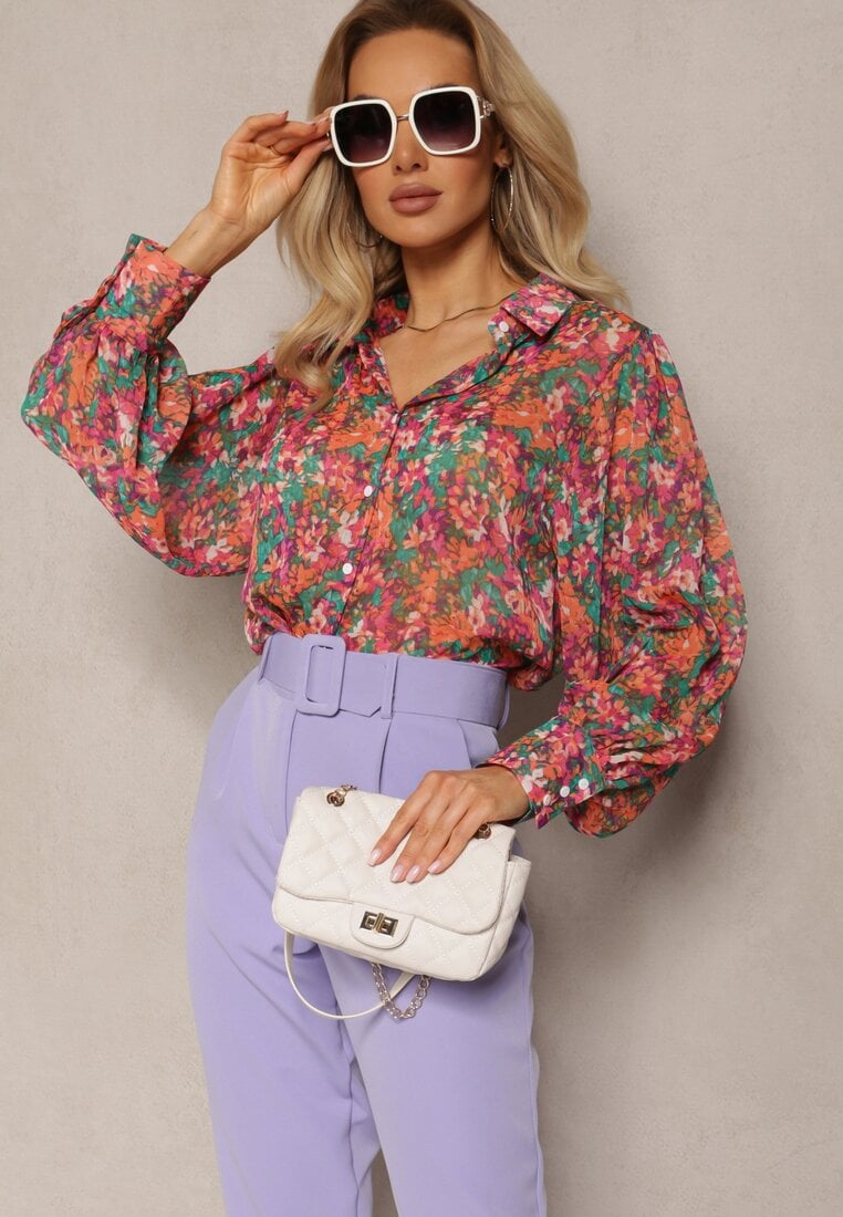 Cămașă Roz-Verde cu Mâneci Bufante cu Imprimeu Floral Paedria