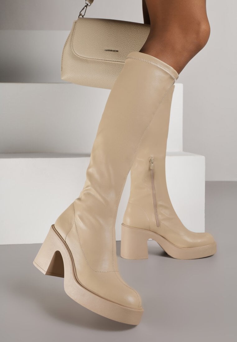 Cizme Bej cu platformă și toc gros, cu carâmb mulat Astila