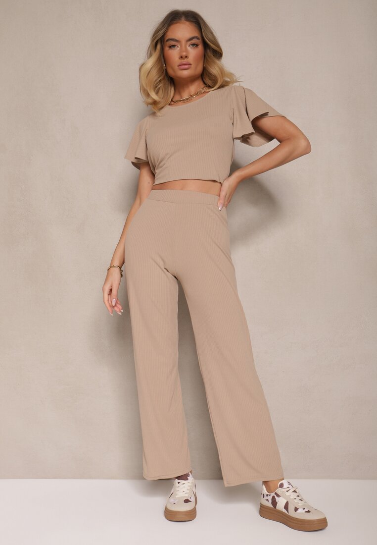 Pantaloni Bej închis Largi din Material cu striatii fine Kasaida