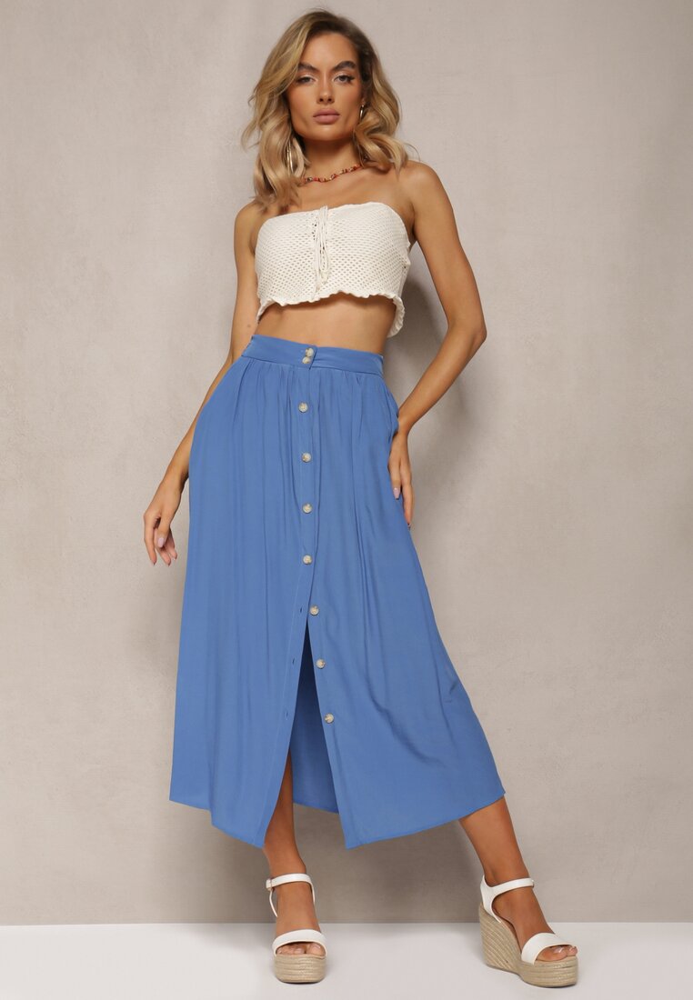 Fustă Cloș Albastră Maxi cu Elastic în Talie și cu Buzunare Kendrani