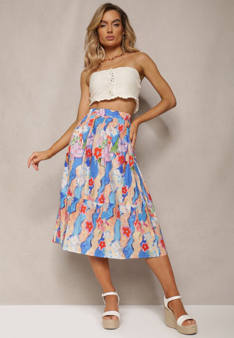 Fustă Albastru-Bej Din Bumbac Croială Evazată Cu Model Abstract Traipe