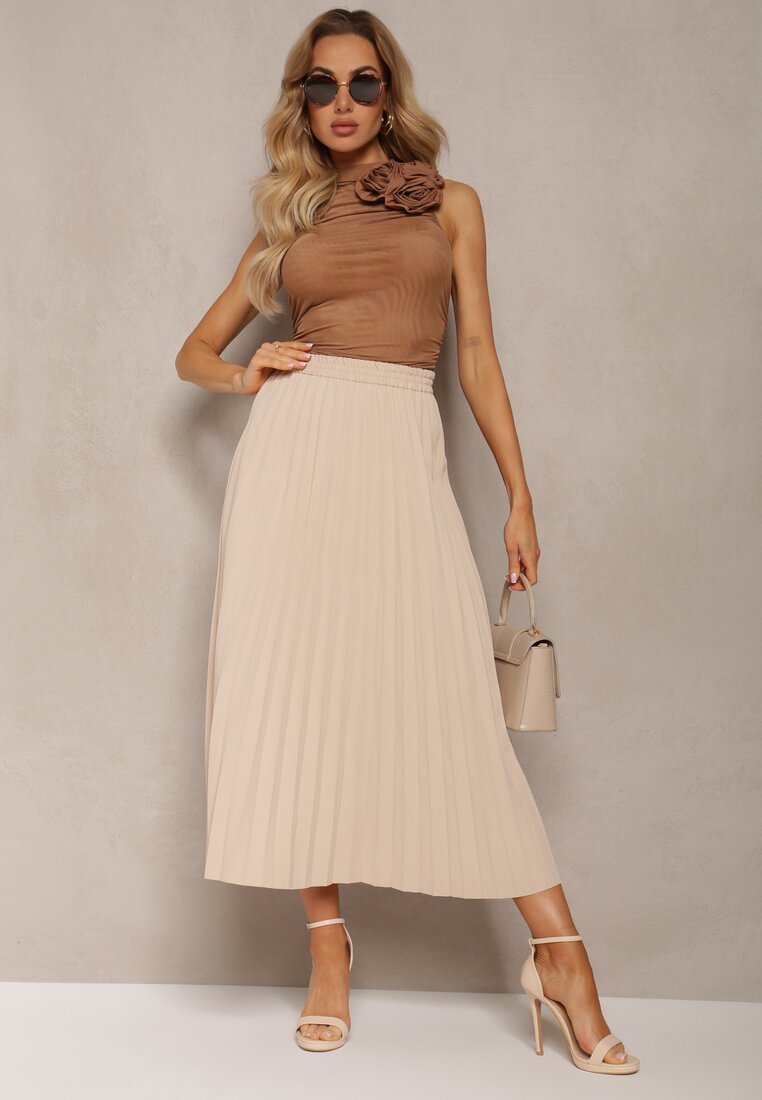 Fustă Bej Cloș Talie înaltă cu Pliuri Decorative și Elastic în Talie Veratia