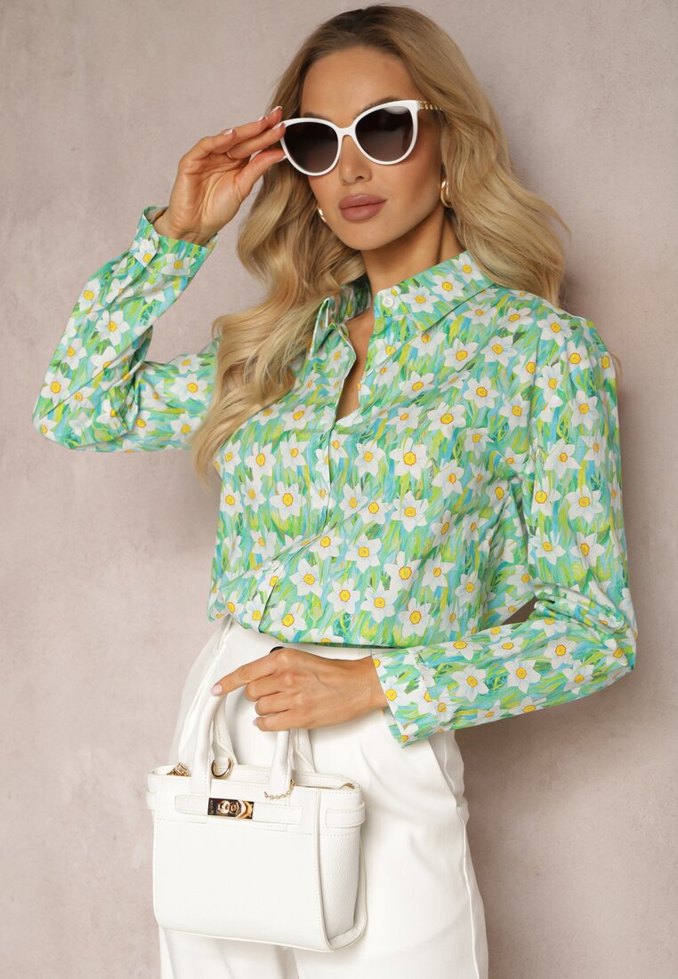 Cămașă Verde din Bumbac cu Imprimeu Floral și Mânecă Lungă Ritapeva