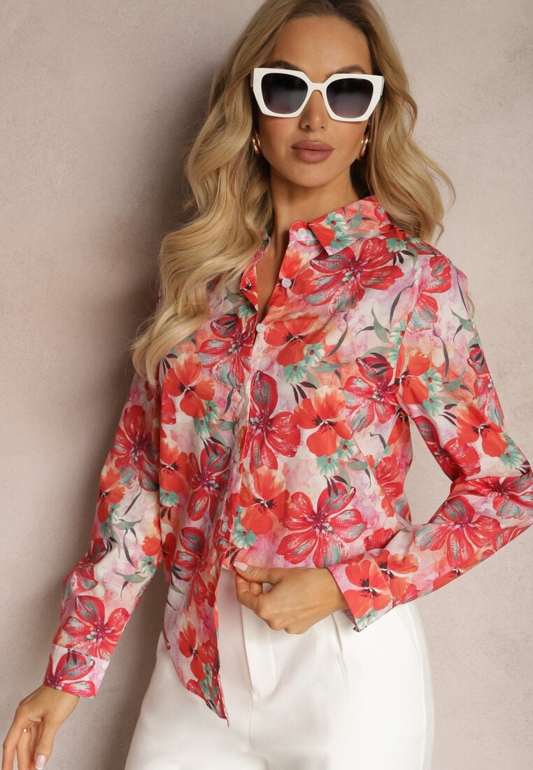 Cămașă Roșu-Roz Clasică cu nasturi din bumbac cu flori Taviea