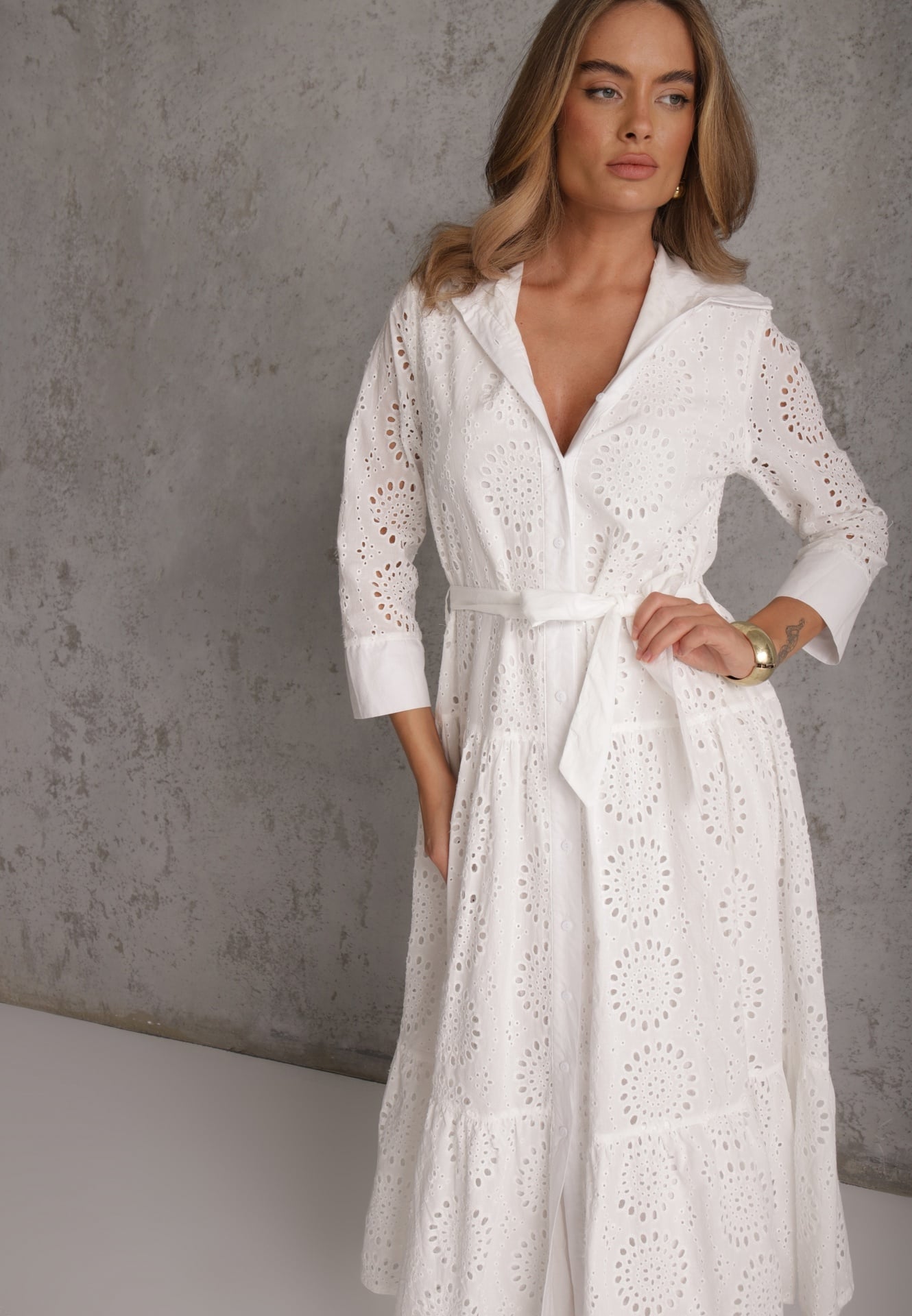 Rochie-cămașă Albă Perforată din Țesătură de Bumbac Felicema