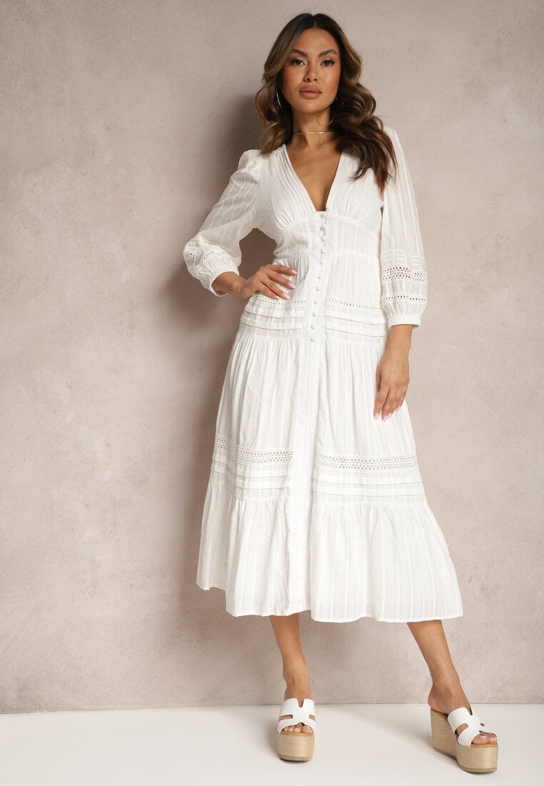 Rochie de bumbac albă cu croială evazată finisată cu inserții ajurate Perline
