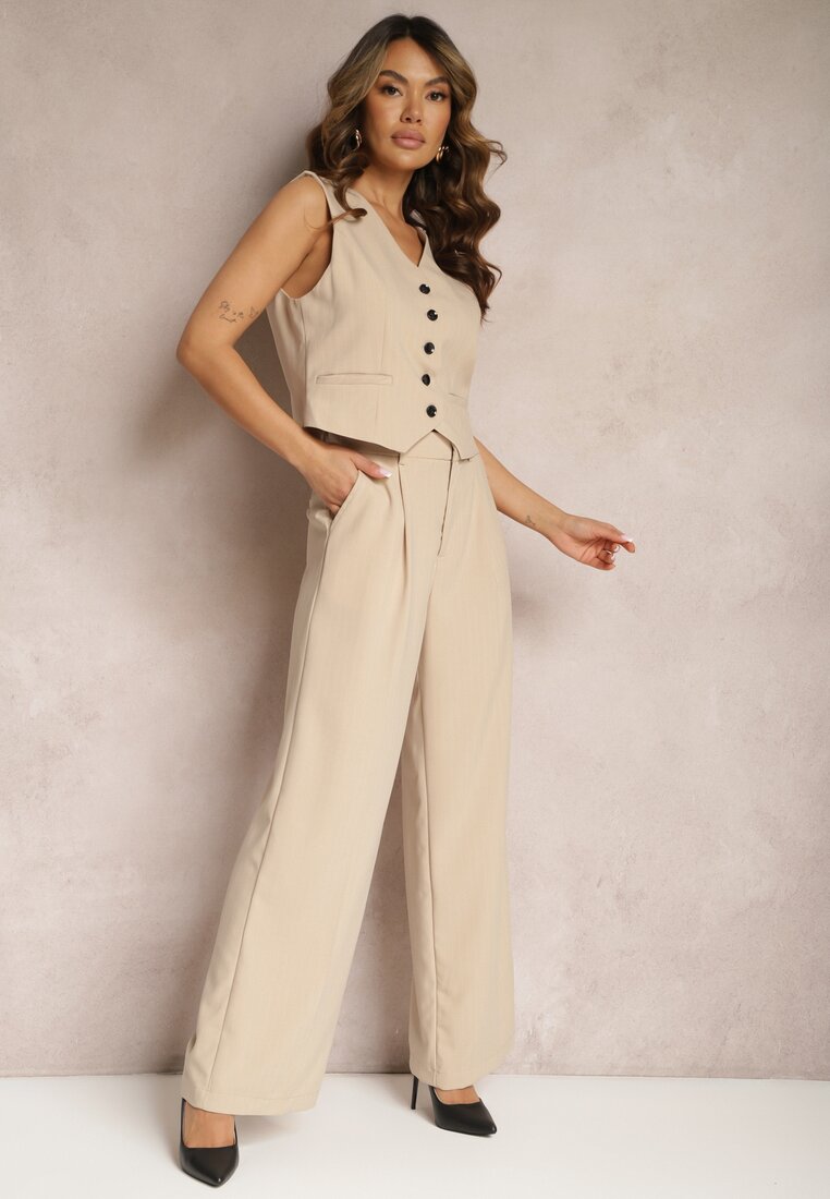 Pantaloni bej largi în stil de costum cu dungi delicate Tsalena