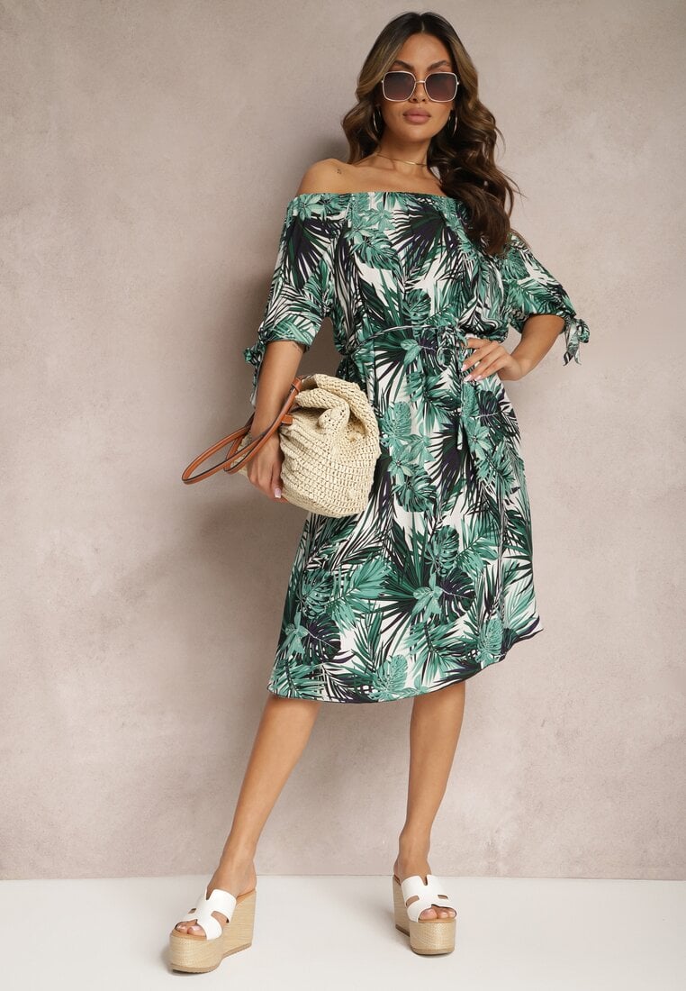 Rochie Spaniolă Alb-Verde Din bumbac Cu cordon din material Cu legături la mâneci