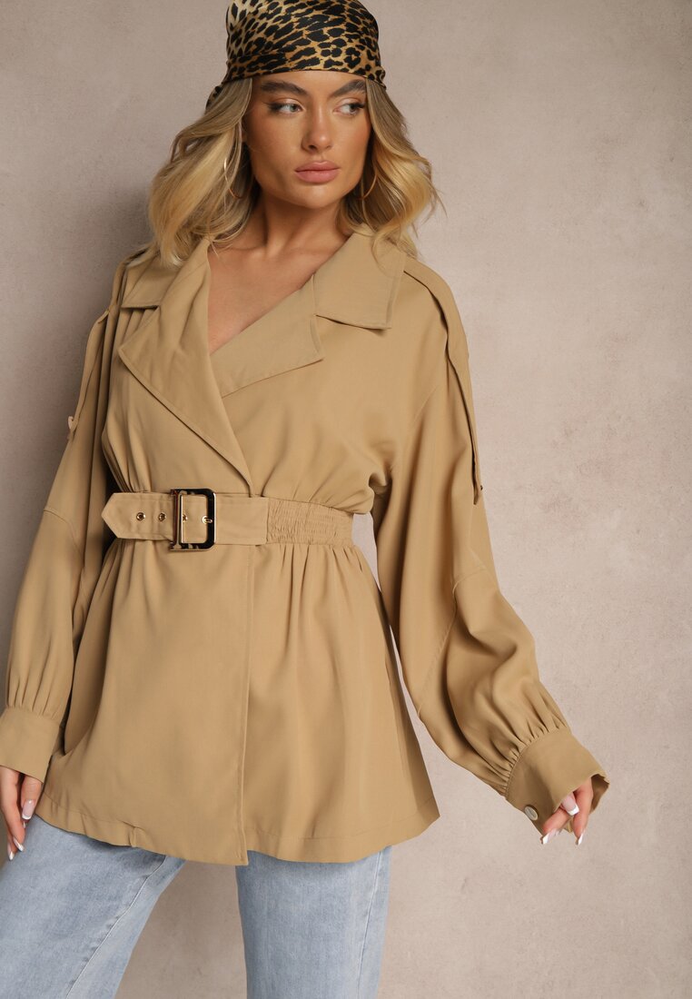 Palton Bej închis cu Croială Scurtă, cu curea și Talie Elastică, și Mâneci Bufante Pathia