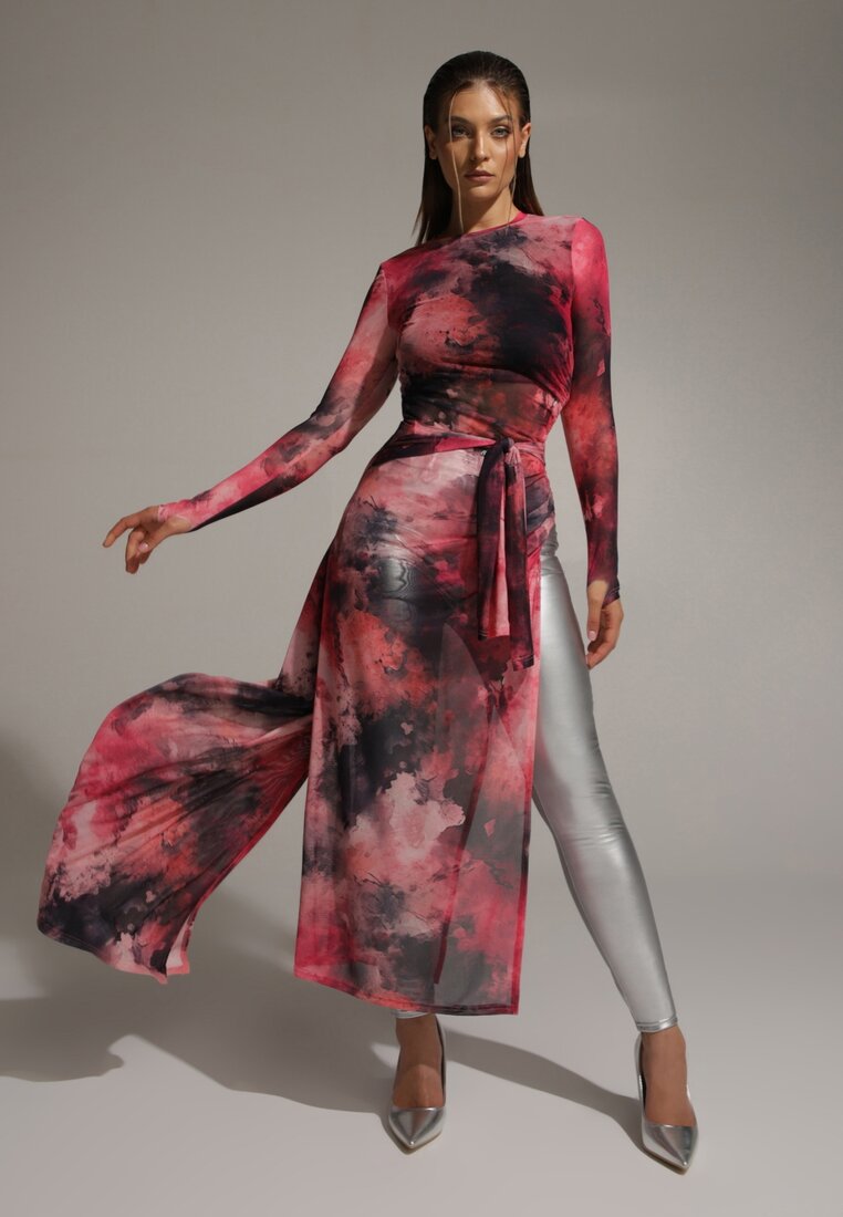 Rochie Fucsia din plasă Bodycon cu imprimeu marmorat și șliț la tiv Valerimes