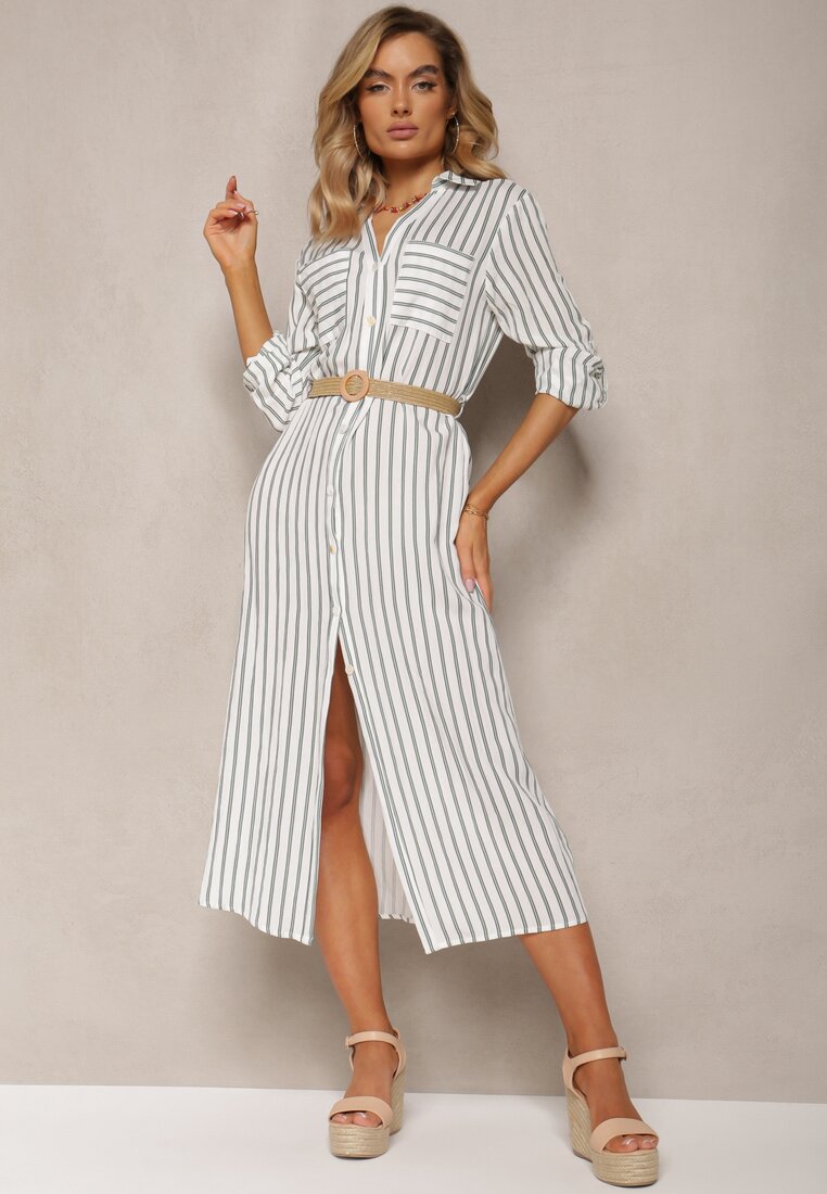 Rochie Tip cămașă Alb-Verde Midi cu Dungi cu In și Curea Împletită Efordia