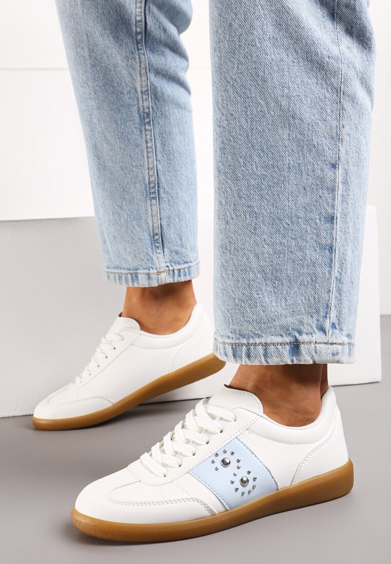 Adidași Alb-Bleu cu talpă plată cu șireturi și inserție decorativă Drukesti