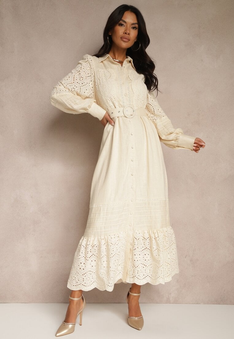 Rochie-cămașă Bej Ajurată cu Curea din In și Viscoză Arinemes