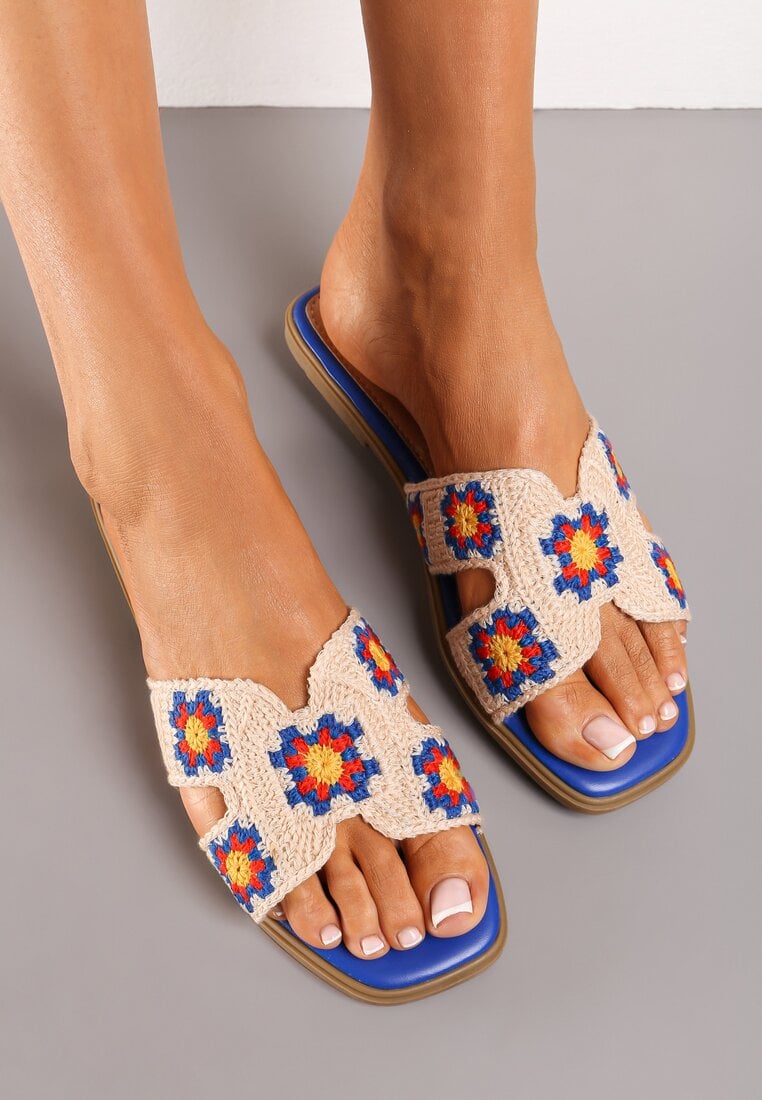 Papuci Albaștri Decorați cu Flori Brodate Reviala