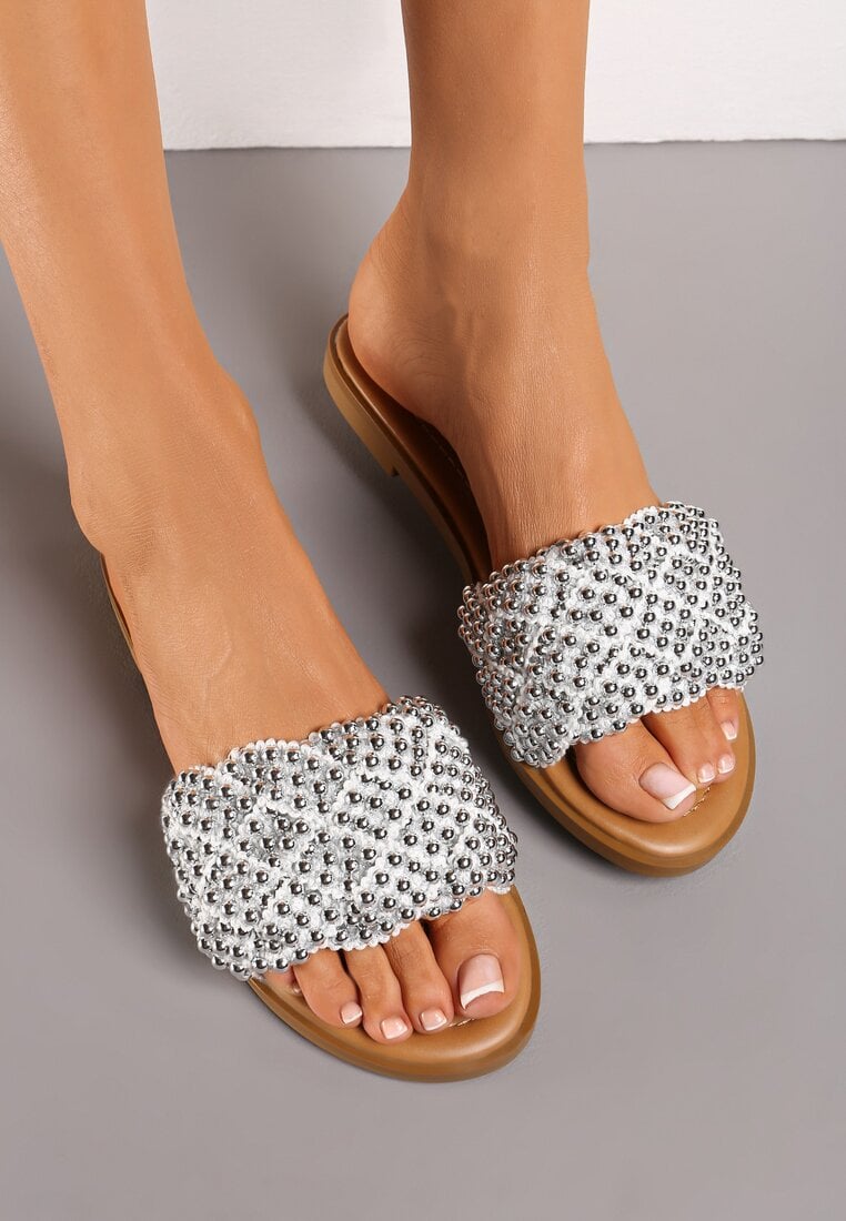 Papuci Plati Albi cu împletitură elegantă din mărgele Waldase
