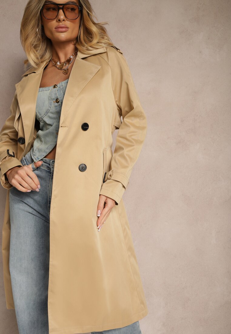 Palton Trenci Bej închis Lung dublu petrecut cu curea în set Sabila