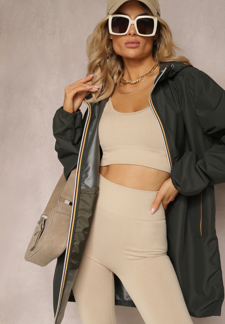 Geacă lungă de vânt verde închis cu glugă nedetașabilă Liodesa