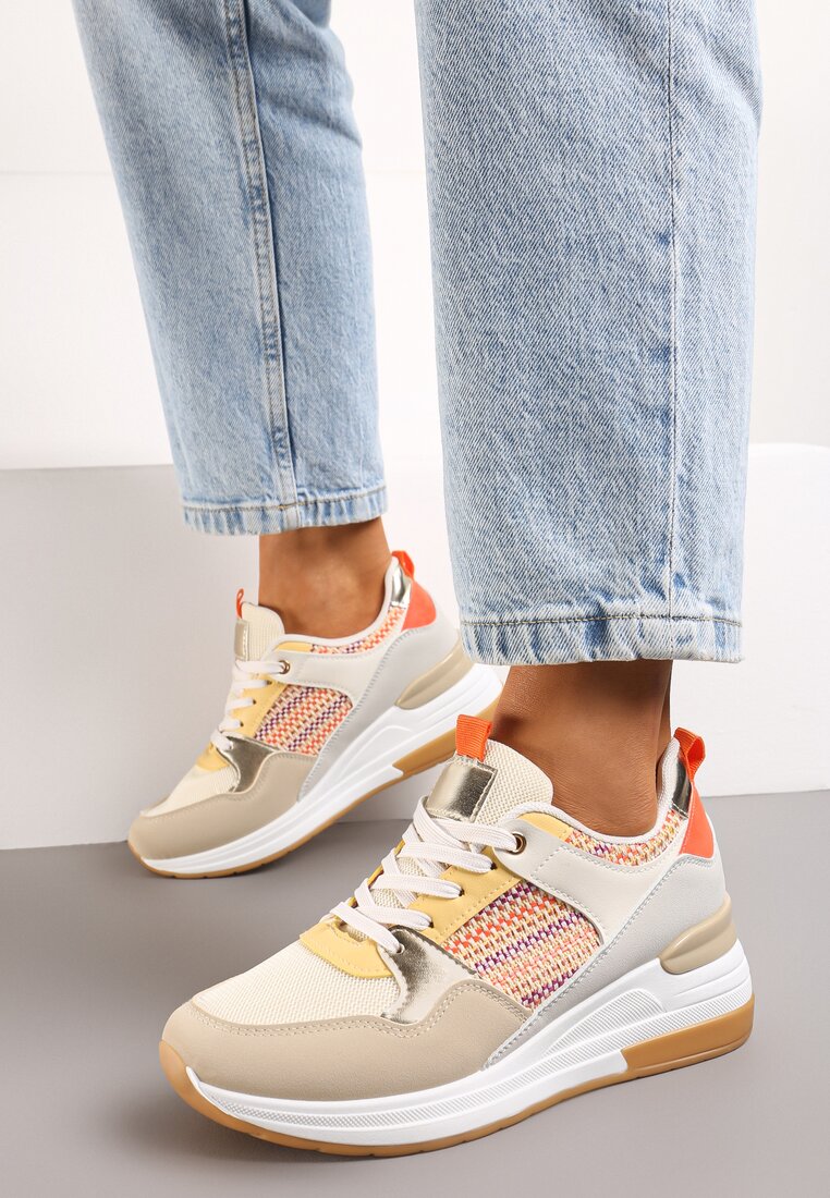 Sneakers Bej-Portocalii cu platformă joasă și inserții decorative Ysabeltia