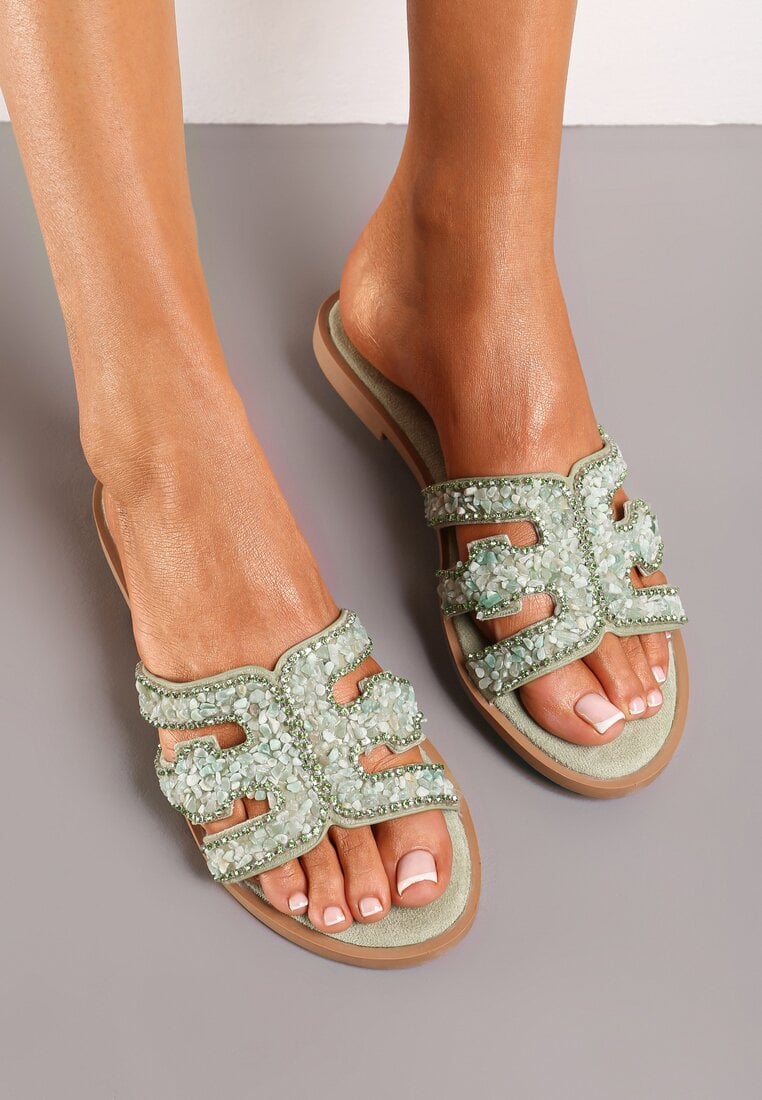 Papuci Verde cu decupaje pe baretă decorați cu pietricele și Zirconii Sernia