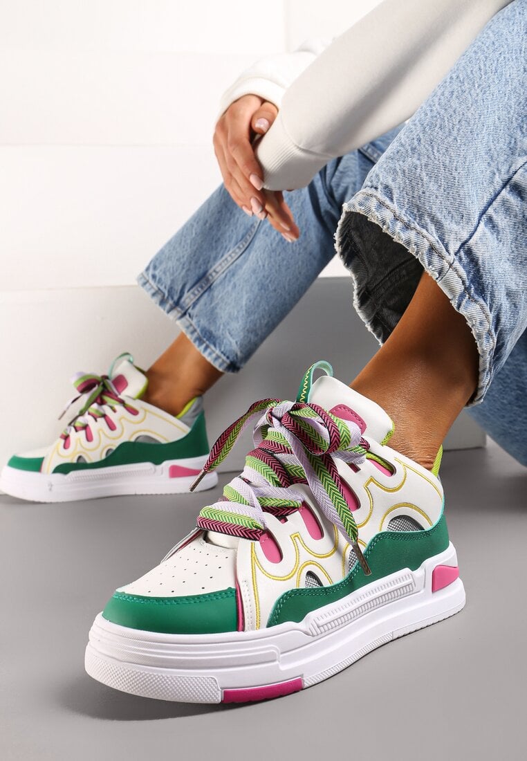 Adidași Alb-Verzi pe Platformă cu Șireturi Groase și Colorate Adrianu