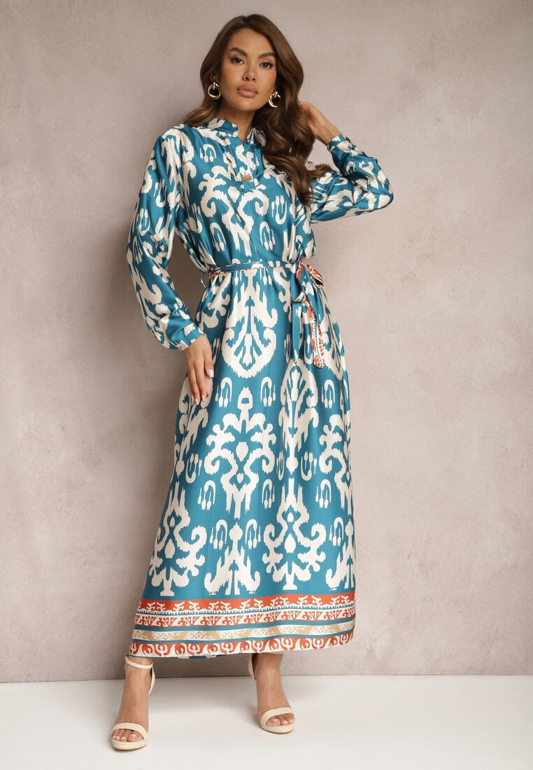 Rochie Casetată Albastră De Satin Cu Cordon În Talie Cu Imprimeu Ornamental Tarosa