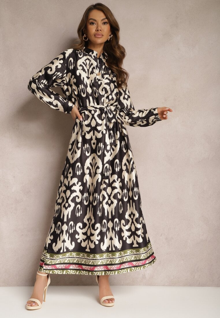 Rochie tip cutie Alb-Negru satinată cu curea în talie cu imprimeu ornamental Taros