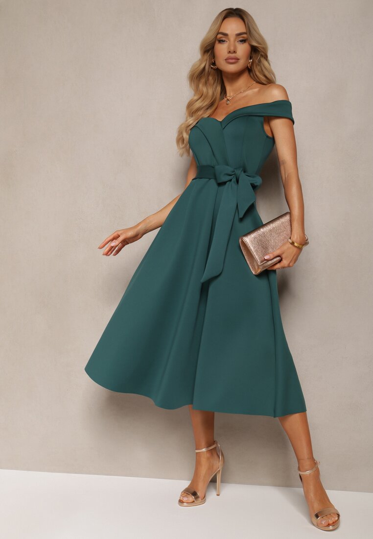 Rochie Verde de Seară Spaniolă cu Curea din Material Yellia