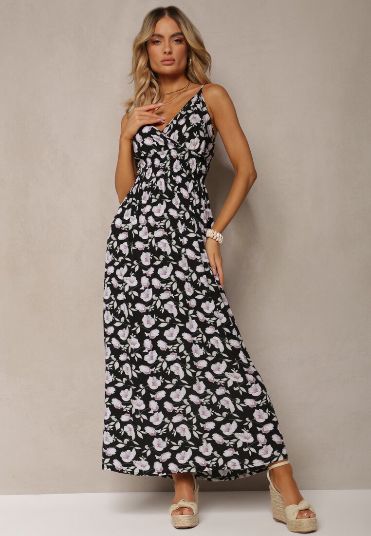 Rochie Neagră de Bumbac cu bretele subțiri cu model floral cu croială evazată Rosaq