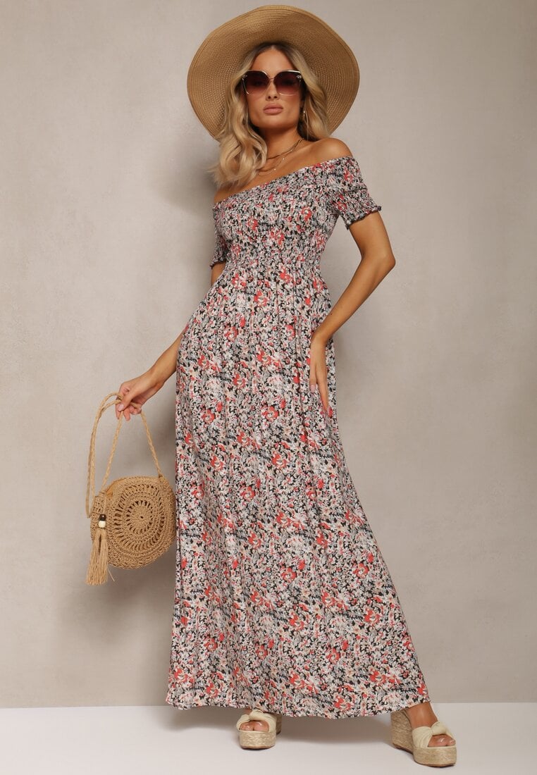 Rochie neagră și bej stil spaniol, lungă, din bumbac, cu imprimeu floral Mrosa