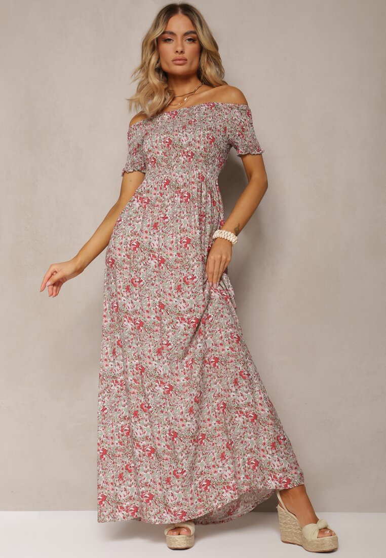 Rochie Roză Lungă din bumbac cu umerii goi cu imprimeu floral Nrosa