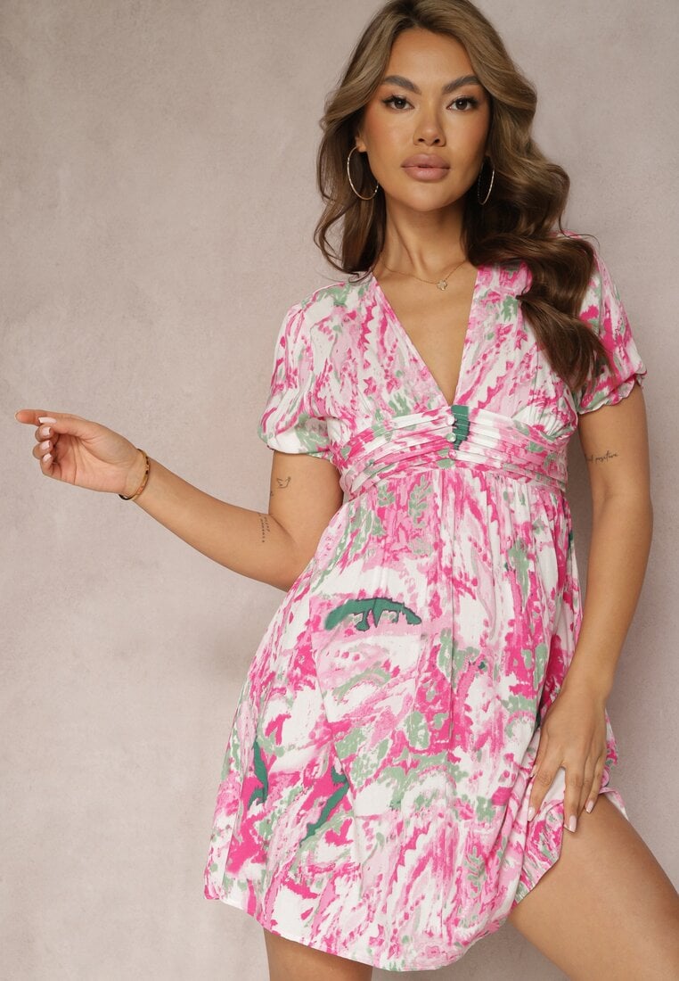 Rochie Fucsia din Vâscoză cu Croială Evazată cu Talie Empire Nellama