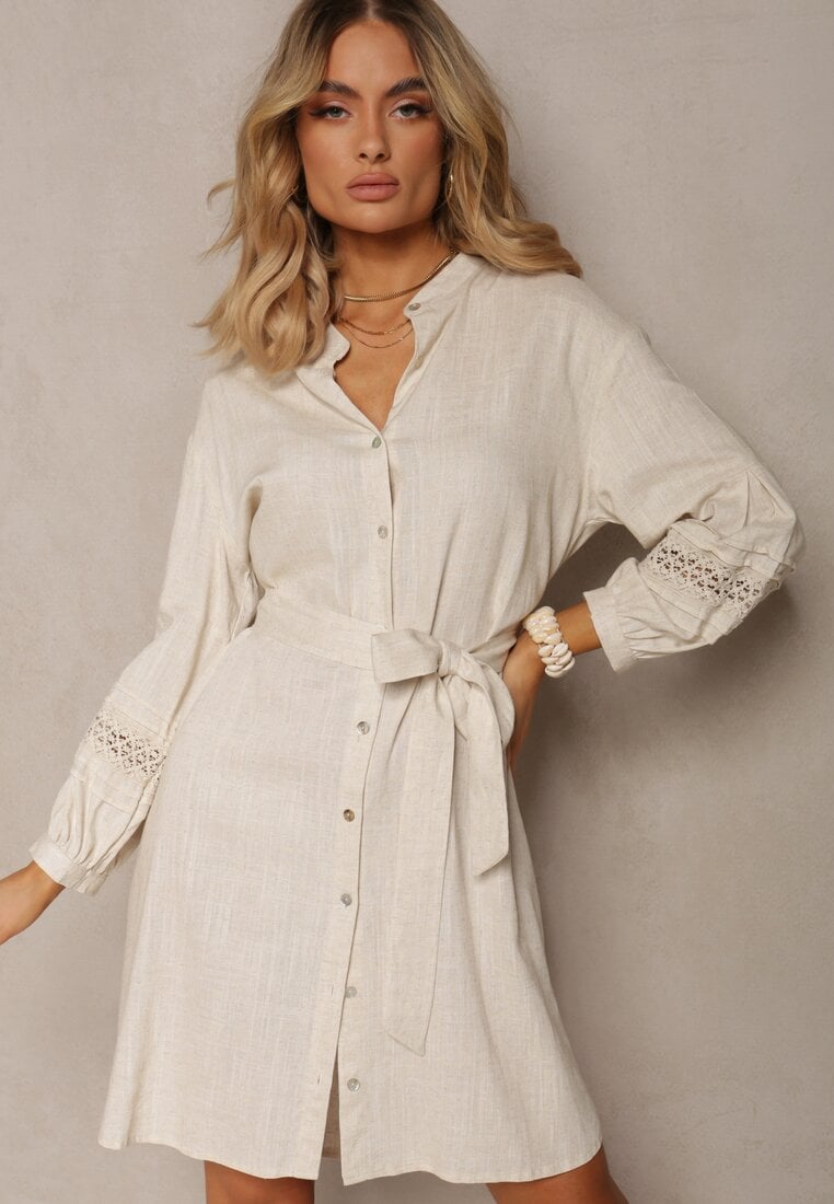 Rochie-cămașă Bej cu Mâneci Brodate Legată în Talie Passacalia