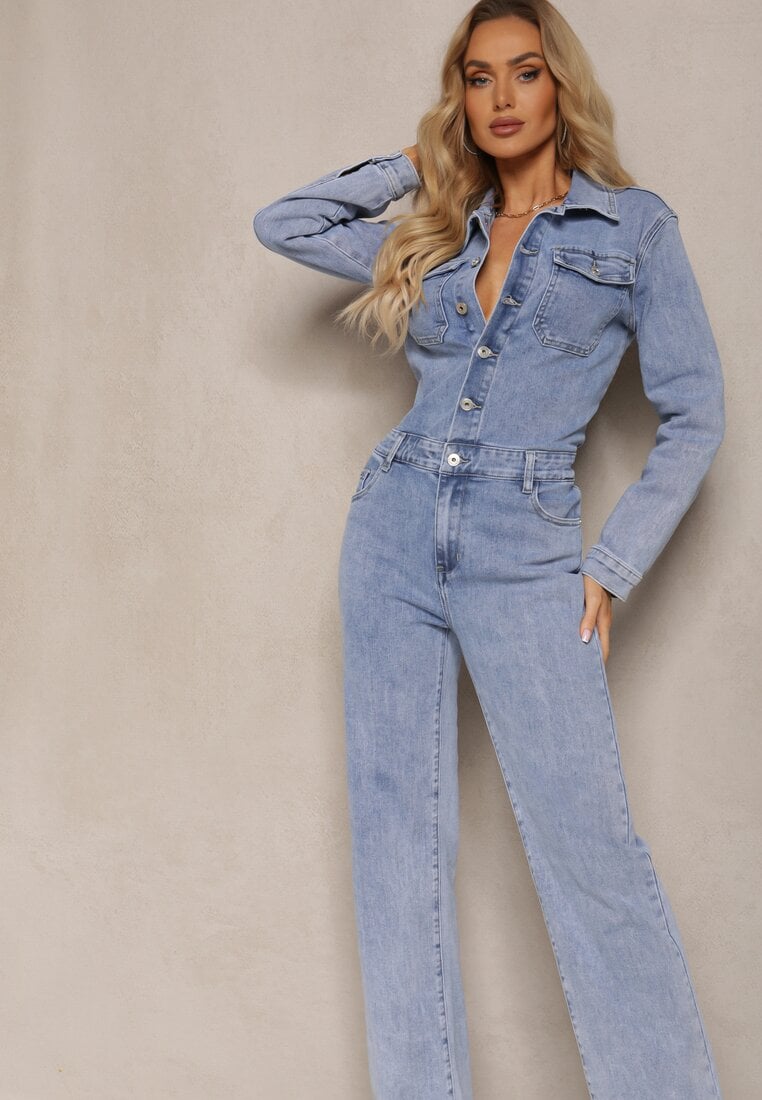 Salopetă Denim Albastră din Bumbac cu Nasturi și Buzunare cu Clapete Starah