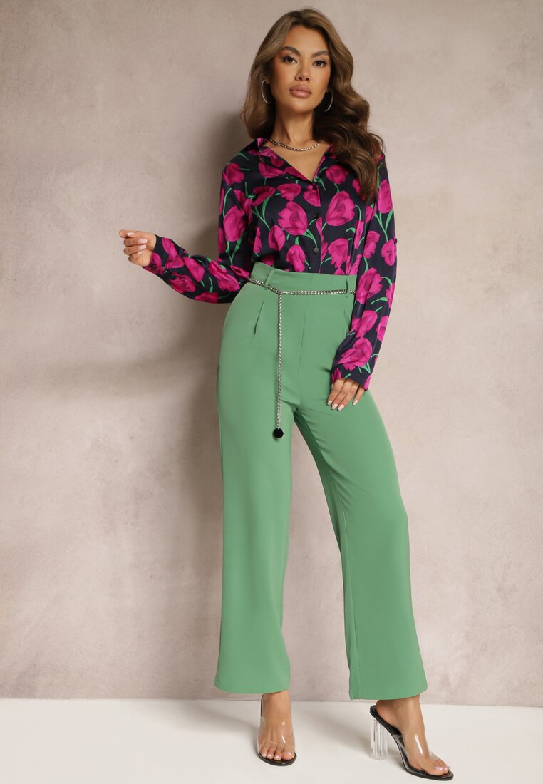 Pantaloni Eleganti Verzi cu craci evazati finisati cu un lant decorativ in talie Hamophona