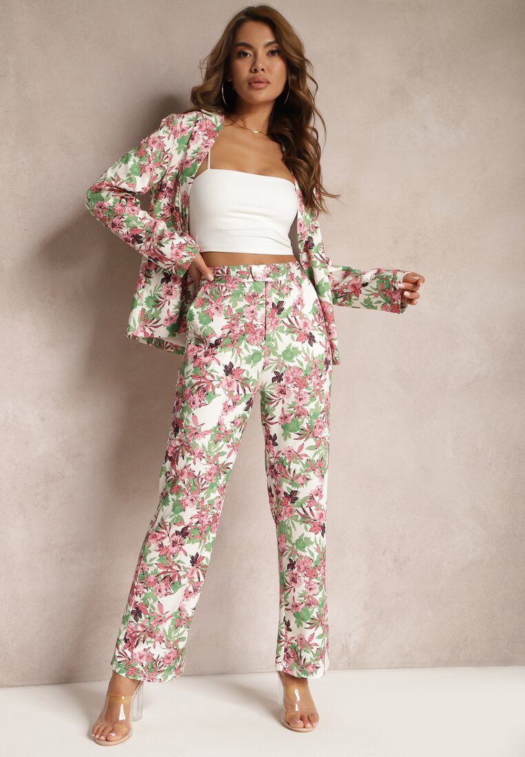 Pantaloni Alb-Roz cu Imprimeu Floral Talie Înaltă cu Picior Lat Lastaria