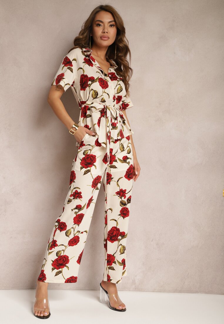 Pantaloni Largi Bej-Bordeaux cu Imprimeu Floral cu Buzunare Pomgranata