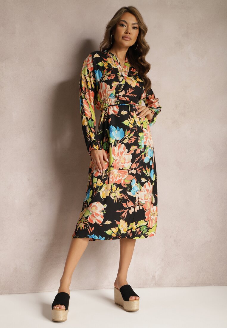 Rochie Negru-Roz Tip Plic cu Imprimeu Floral Aleratoa